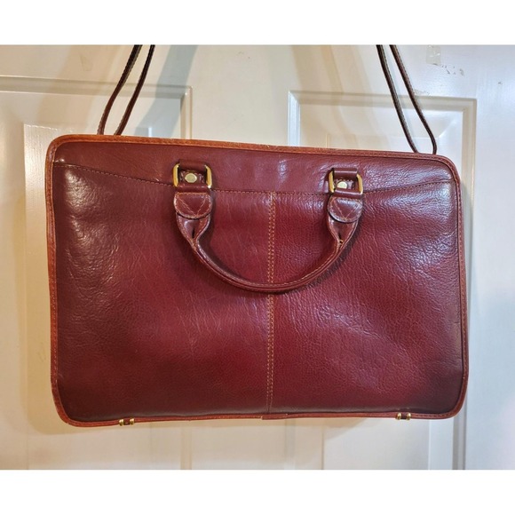 Cognac Brown Leather Briefcase Lap Top Case Dbl Handle Shoulder Strap Vantaggio
